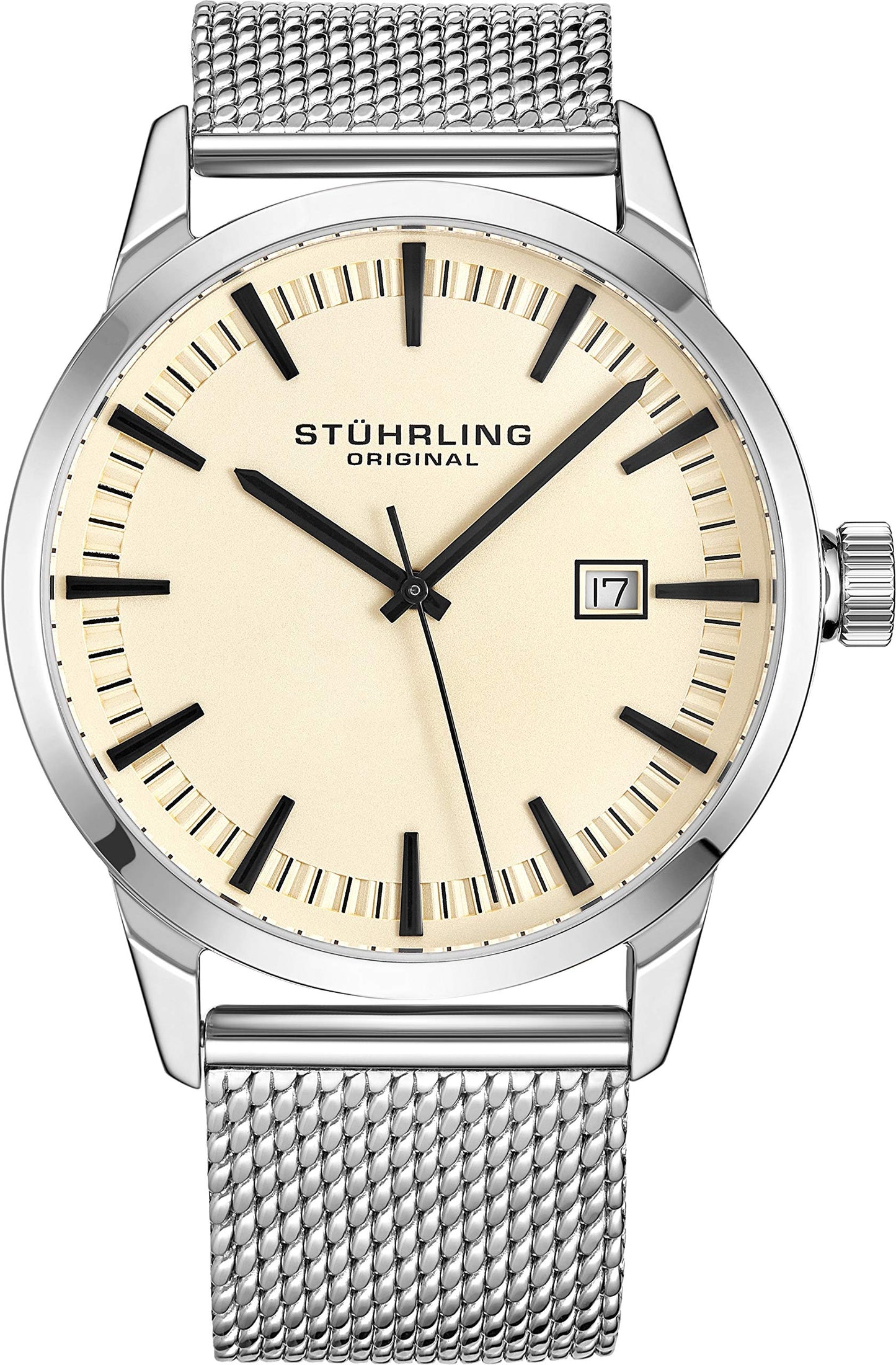 Stuhrling Original Mens Watch Mesh Band - Dress + Casual Design - Analog Watch Dial with Date, 555 Watches for Men Collection (Beige)