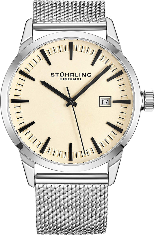 Stuhrling Original Mens Watch Mesh Band - Dress + Casual Design - Analog Watch Dial with Date, 555 Watches for Men Collection (Beige)