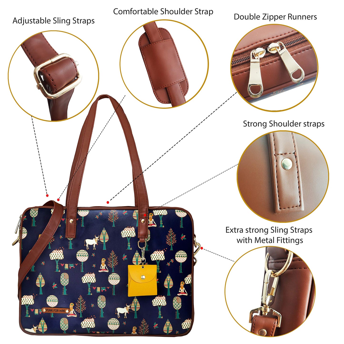 Funk For Hire Women Printed Faux Leather 15.6" Laptop Handbag/Sling Bag Navy Blue And Brown