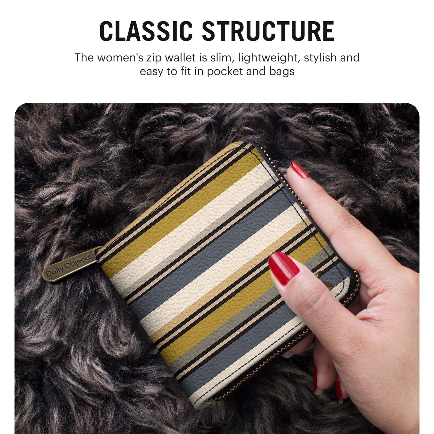 DailyObjects Drab Pin Stripes Women's Zip Wallet | Made with Vegan Leather | Carefully Handcrafted | Holds up to 8 Cards | Slim and Easy to Fit in Pocket | Coin Pocket with Button Closure