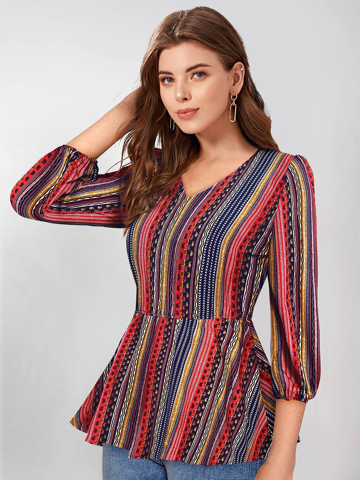 KERI PERRY Women's Multicolor Imported Polyester Stripe Flared Western Top