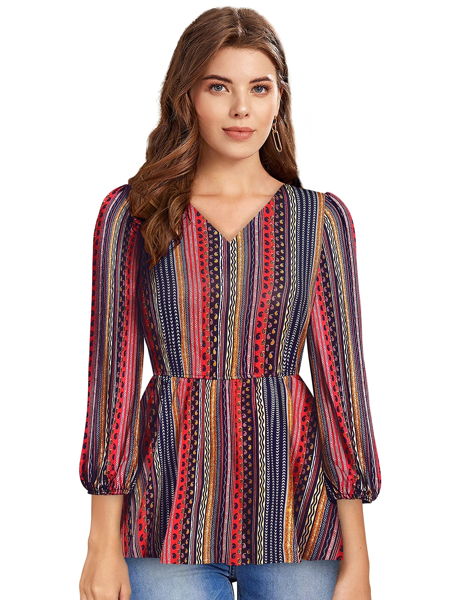 KERI PERRY Women's Multicolor Imported Polyester Stripe Flared Western Top