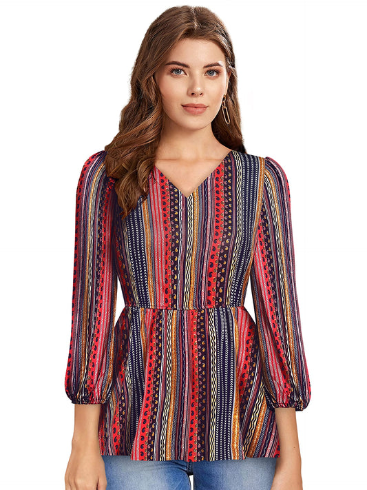 KERI PERRY Women's Multicolor Imported Polyester Stripe Flared Western Top