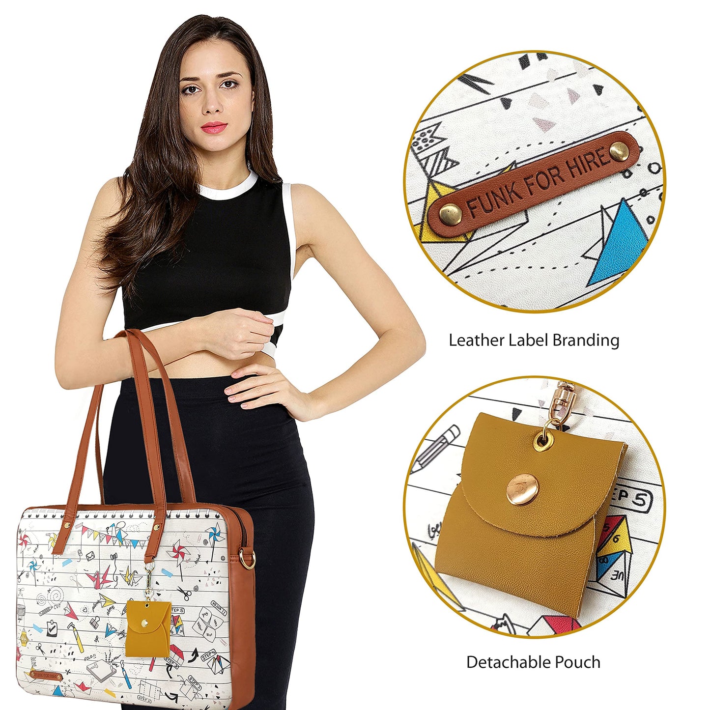 Funk For Hire Women Printed White and Brown 15.6 inch Laptop Handbag Sling Bag