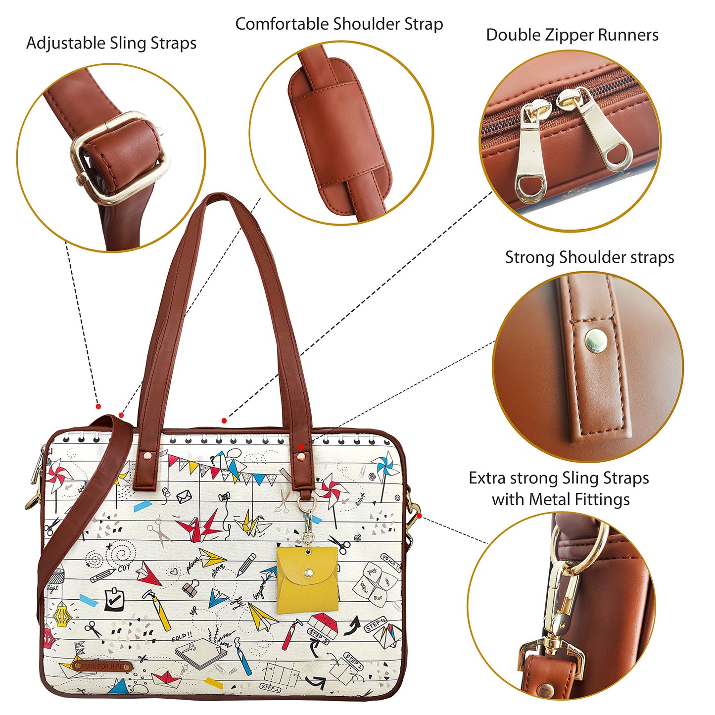 Funk For Hire Women Printed White and Brown 15.6 inch Laptop Handbag Sling Bag