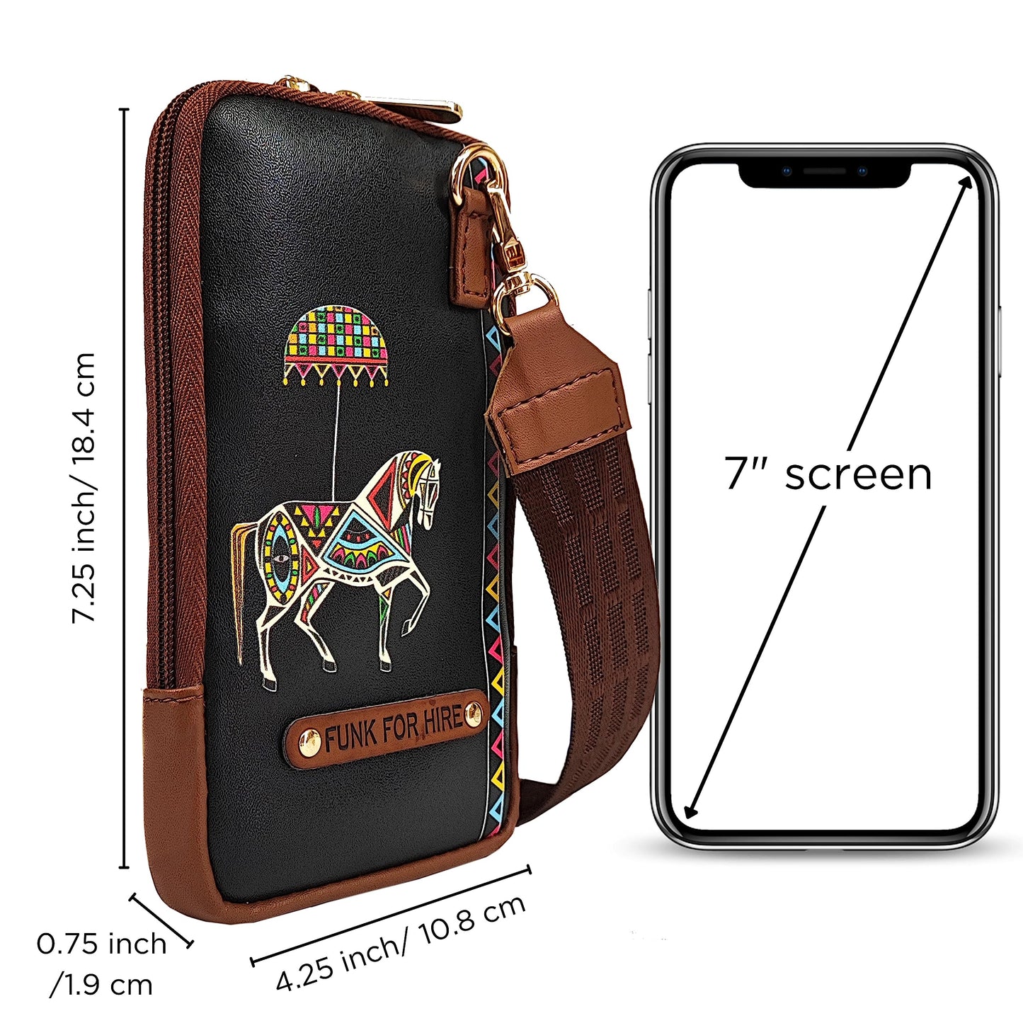 Funk For Hire Leatherette Horse Printed Mobile holder sling bag - Black and Brown