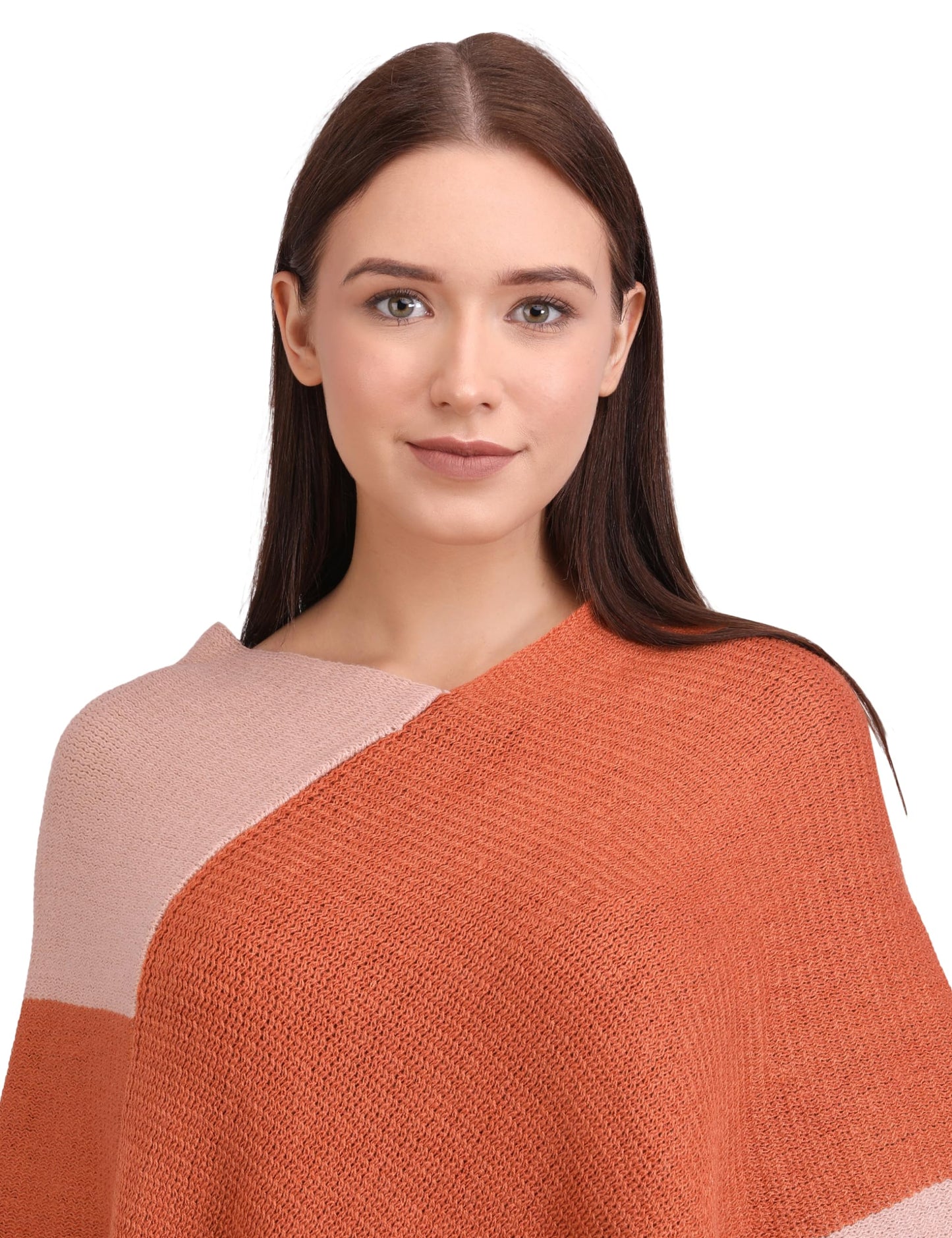 MANRA Women's Kashmiri Woolen V-Neck Strip Poncho Cape Coat for Winter (Pink- Rust)