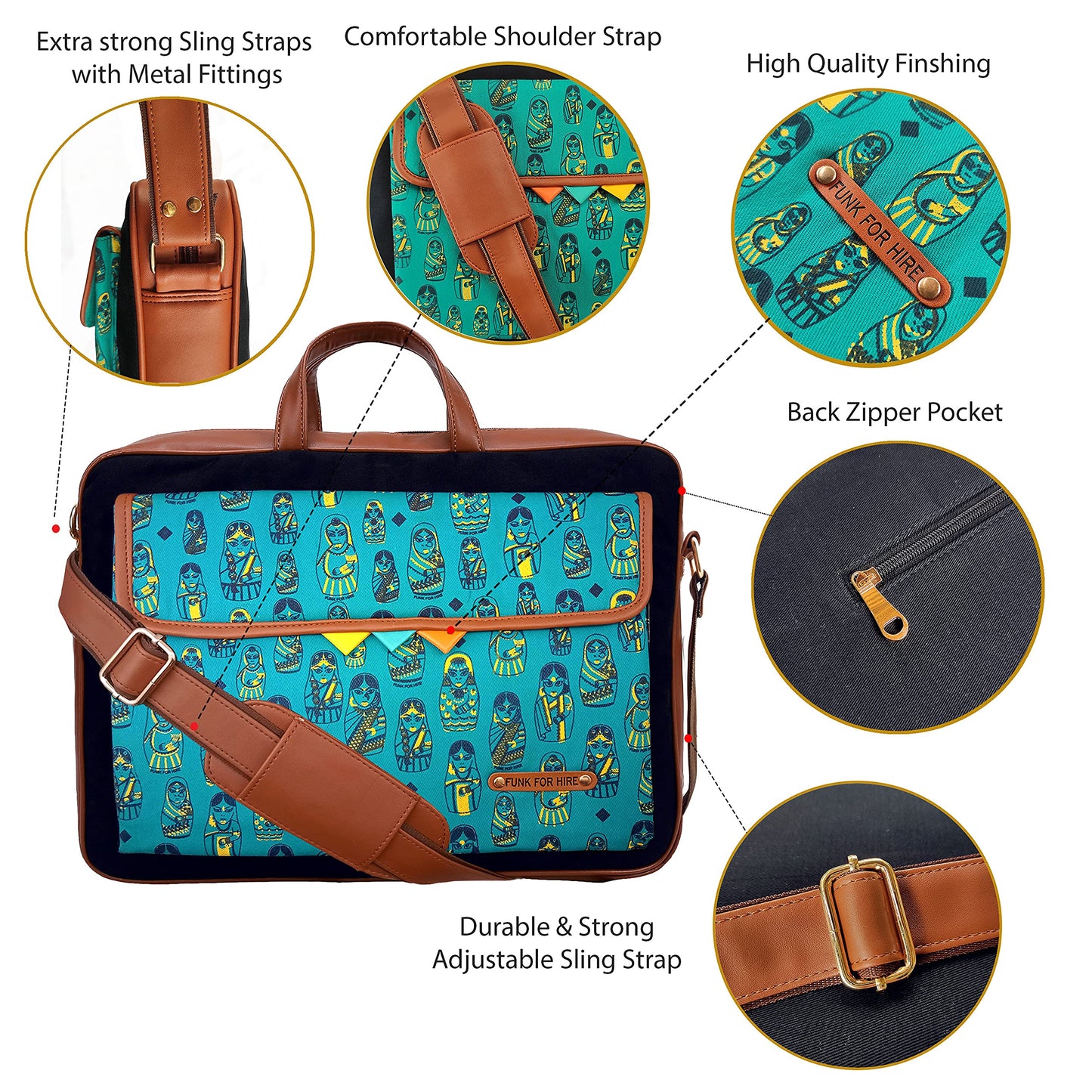 Funk For Hire Doll Printed Turquoise Pocket Navy Cotton Canvas Laptop Bag that fit up to 17" Laptop