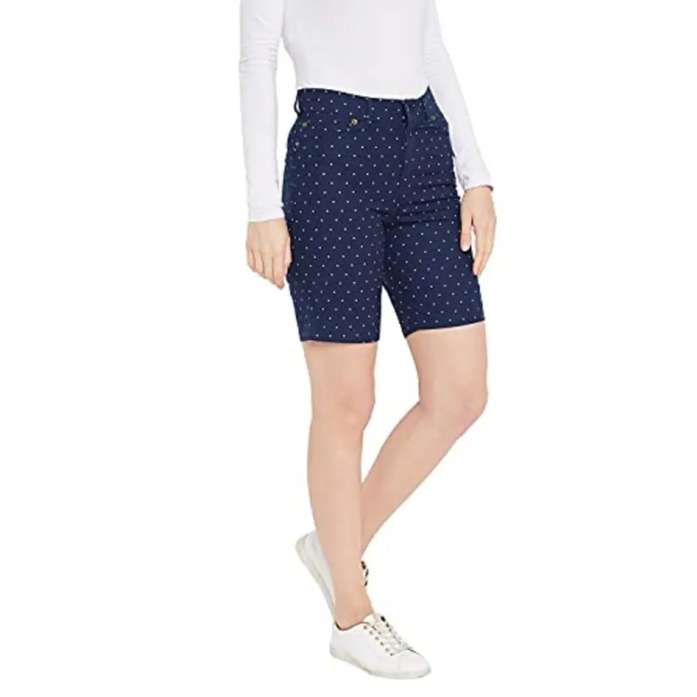 HYPERNATION Navy Blue Polka Dot Printed Cotton Lycra Women's ShortsSaumyasStore