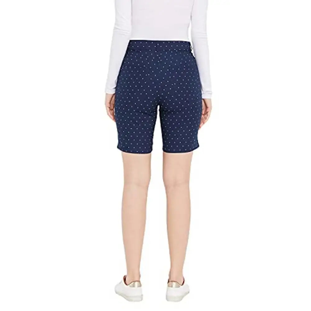 HYPERNATION Navy Blue Polka Dot Printed Cotton Lycra Women's ShortsSaumyasStore