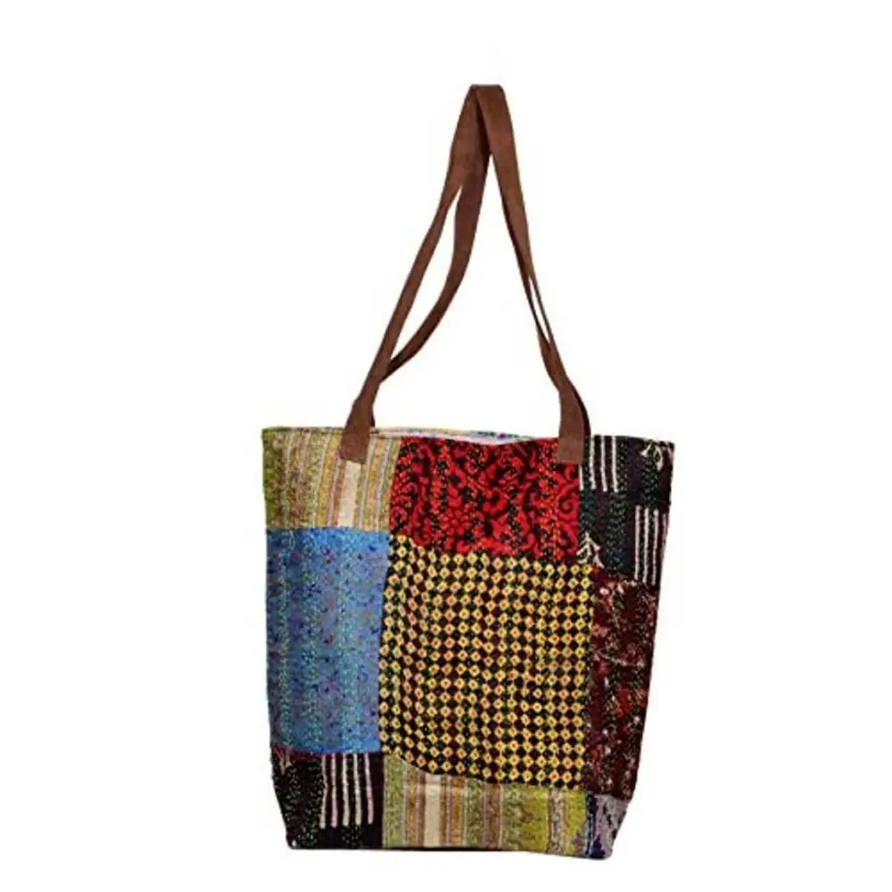 IndiWeaves Womens Silk Kantha Work Leather Handle Handmade Tote Bag Black/Blue/Brown