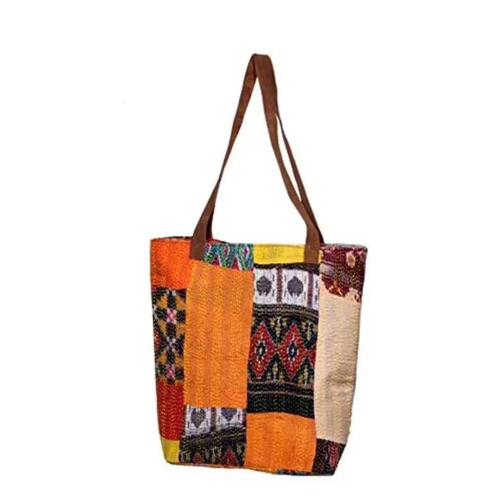 IndiWeaves Womens Silk Kantha Work Leather Handle Handmade Tote Bag Black/Blue/Brown