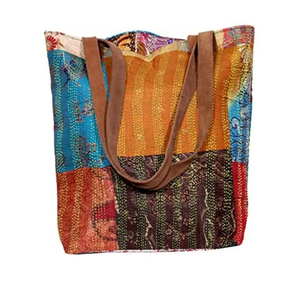 IndiWeaves Womens Silk Kantha Work Leather Handle Handmade Tote Bag Blue/Red/Brown