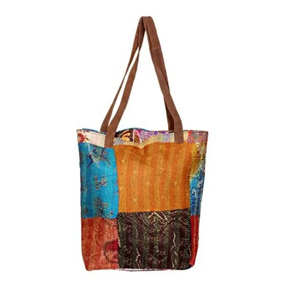 IndiWeaves Womens Silk Kantha Work Leather Handle Handmade Tote Bag Blue/Red/Brown