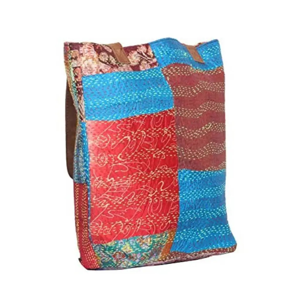 IndiWeaves Womens Silk Kantha Work Leather Handle Handmade Tote Bag Blue/Red/Brown