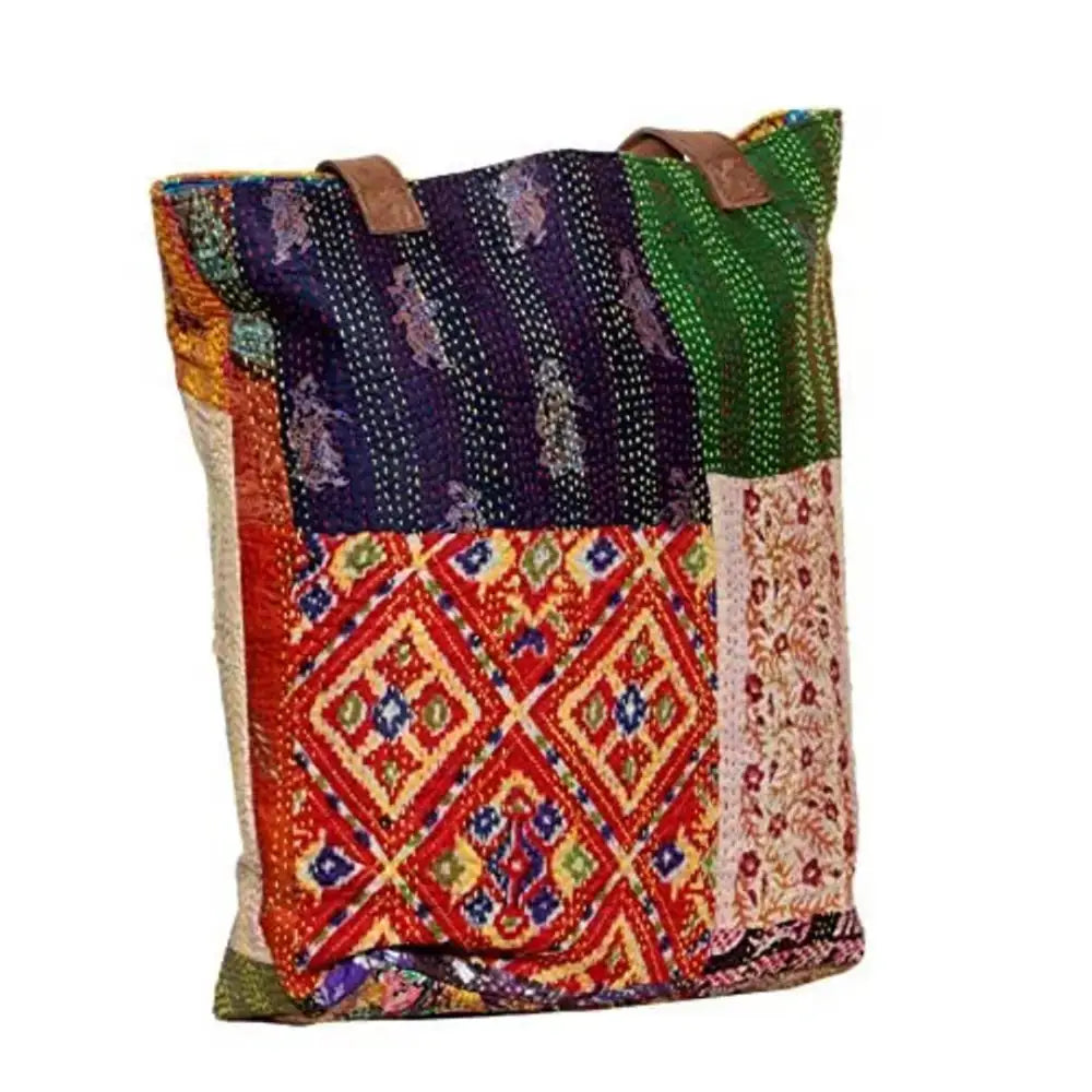 IndiWeaves Womens Silk Kantha Work Leather Handle Handmade Tote Bag Green/Purple/Beige