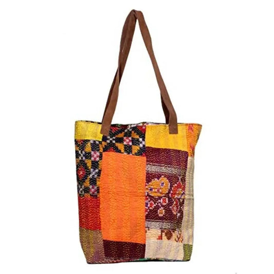 IndiWeaves Womens Silk Kantha Work Leather Handle Handmade Tote Bag Green/Purple/Beige