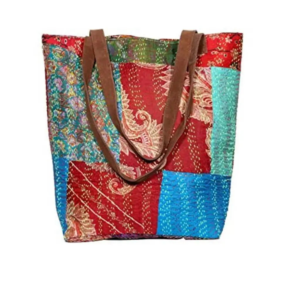 IndiWeaves Womens Silk Kantha Work Leather Handle Handmade Tote Bag, T