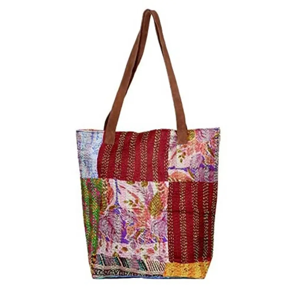 IndiWeaves Womens Silk Kantha Work Leather Handle Handmade Tote Bag, T