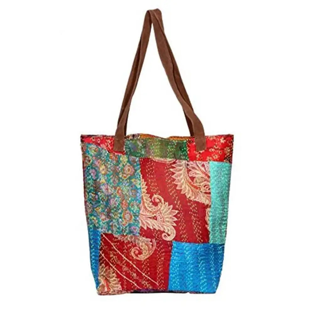 IndiWeaves Womens Silk Kantha Work Leather Handle Handmade Tote Bag, T