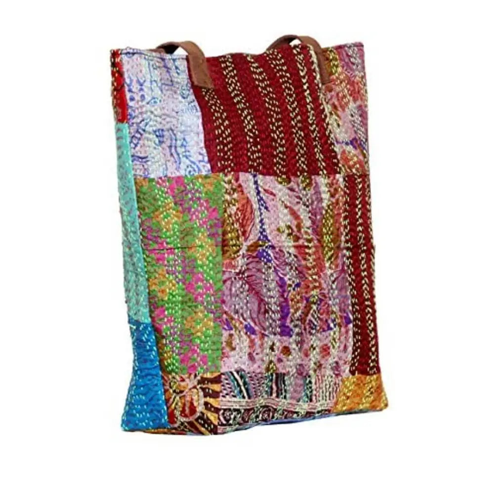 IndiWeaves Womens Silk Kantha Work Leather Handle Handmade Tote Bag, T