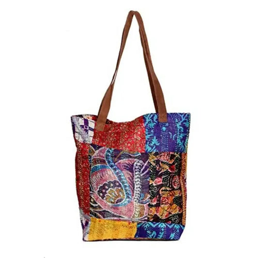 IndiWeaves Womens Silk Kantha Work Leather Handle Handmade Tote Bag, T