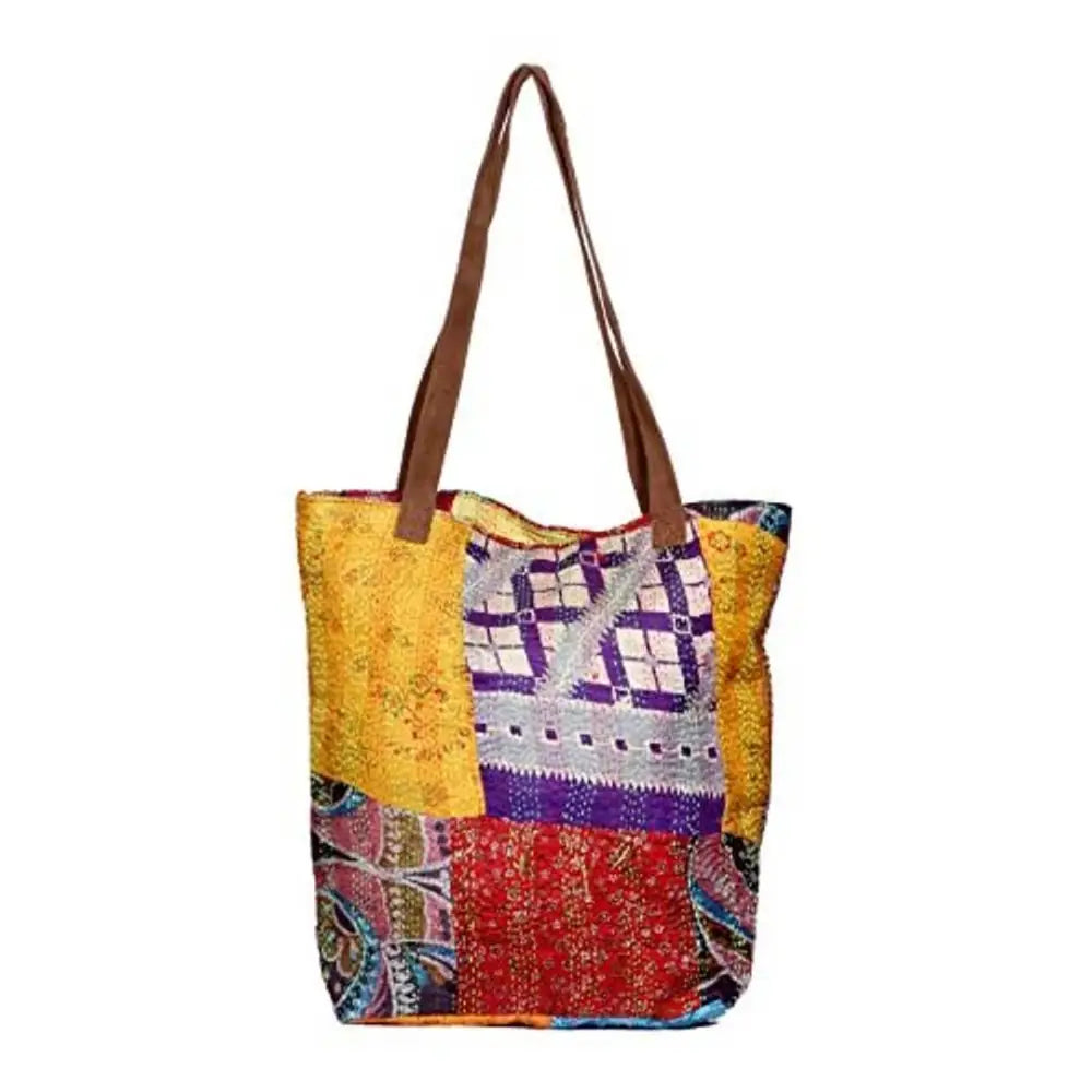 IndiWeaves Womens Silk Kantha Work Leather Handle Handmade Tote Bag, T