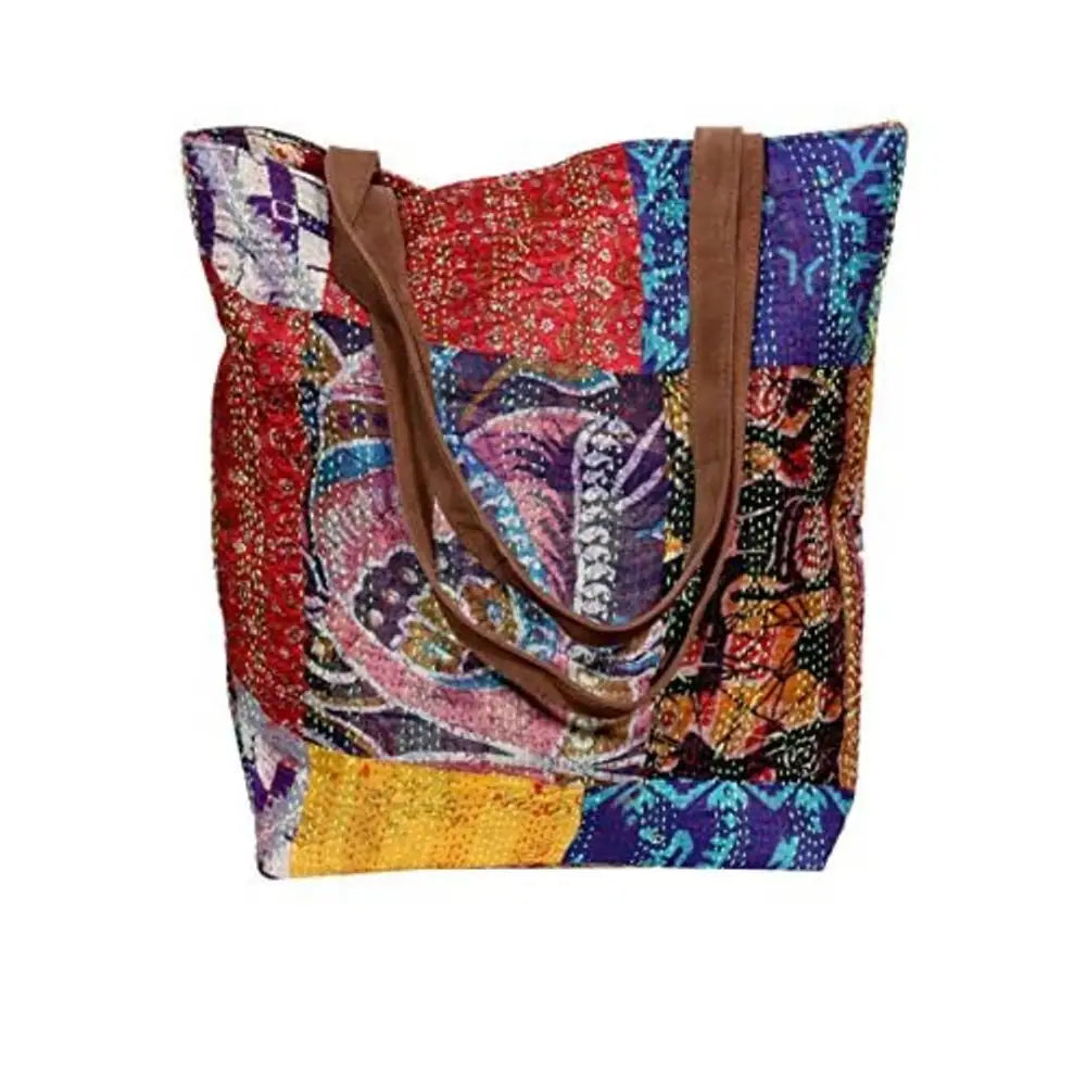 IndiWeaves Womens Silk Kantha Work Leather Handle Handmade Tote Bag, T