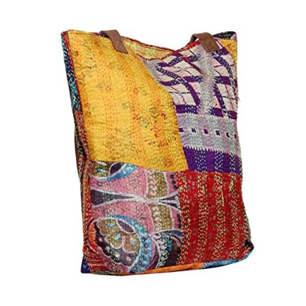 IndiWeaves Womens Silk Kantha Work Leather Handle Handmade Tote Bag, T