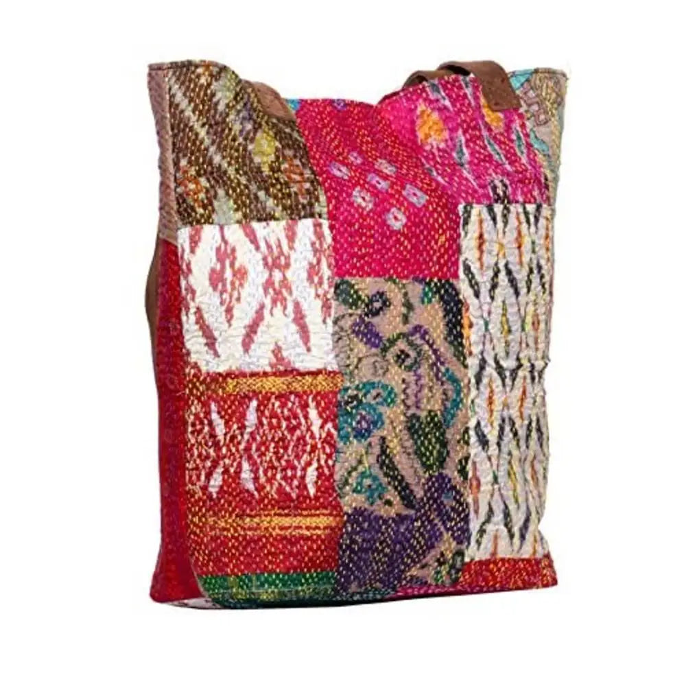 IndiWeaves Womens Silk Kantha Work Leather Handle Handmade Tote Bag White/Red/Yellow