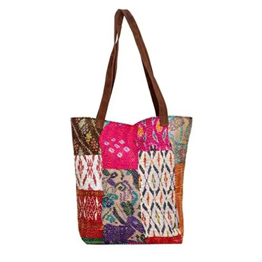 IndiWeaves Womens Silk Kantha Work Leather Handle Handmade Tote Bag White/Red/Yellow