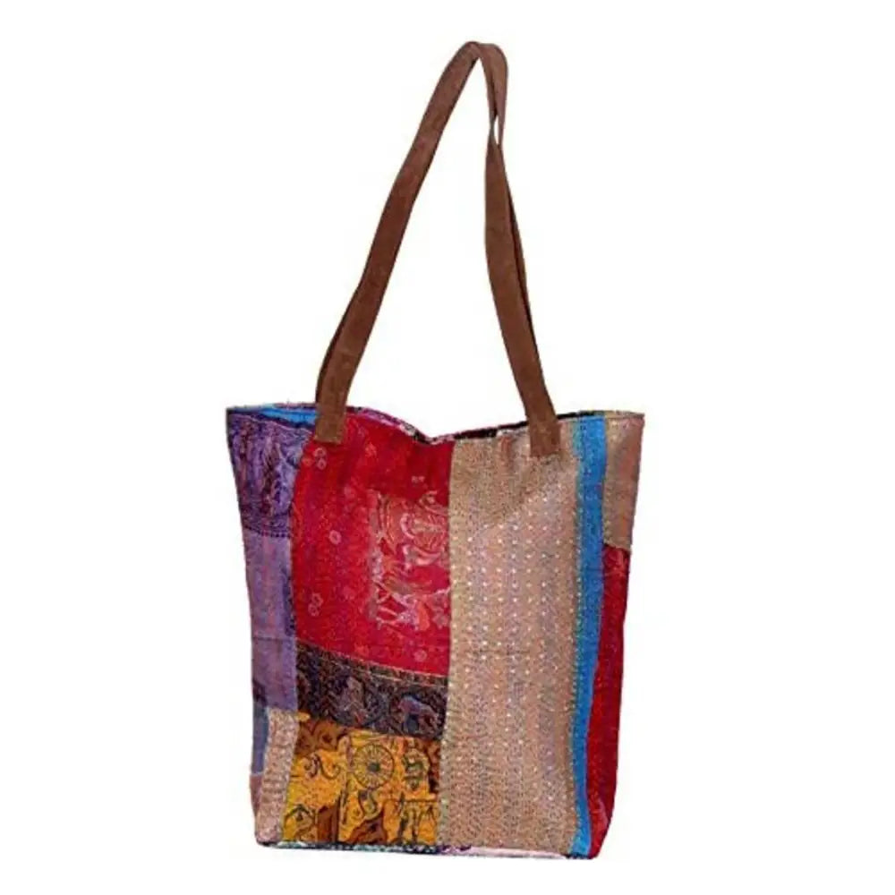 IndiWeaves Womens Silk Kantha Work Leather Handle Handmade Tote Bag White/Red/Yellow