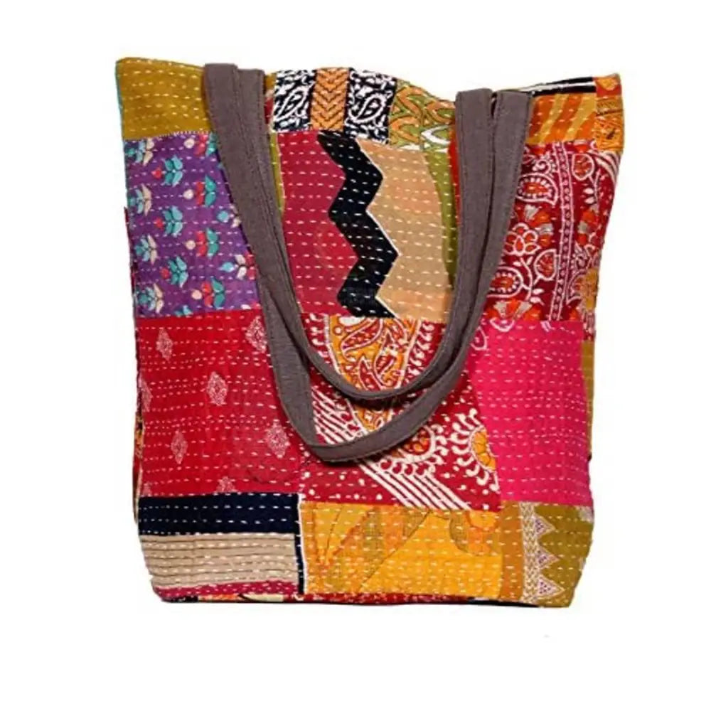 Indiweavaes Womens Cotton Kantha Work Canvas Handle Handmade Tote Bag