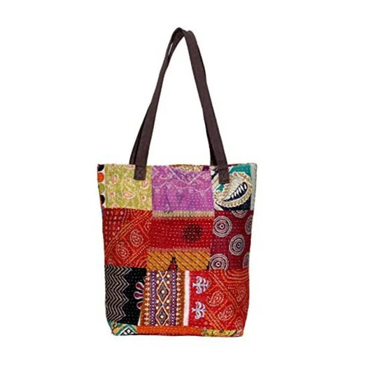 Indiweavaes Womens Cotton Kantha Work Canvas Handle Handmade Tote Bag