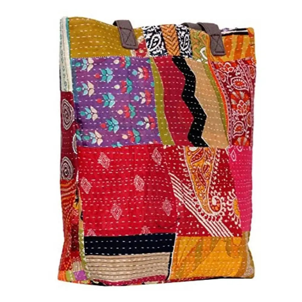 Indiweavaes Womens Cotton Kantha Work Canvas Handle Handmade Tote Bag