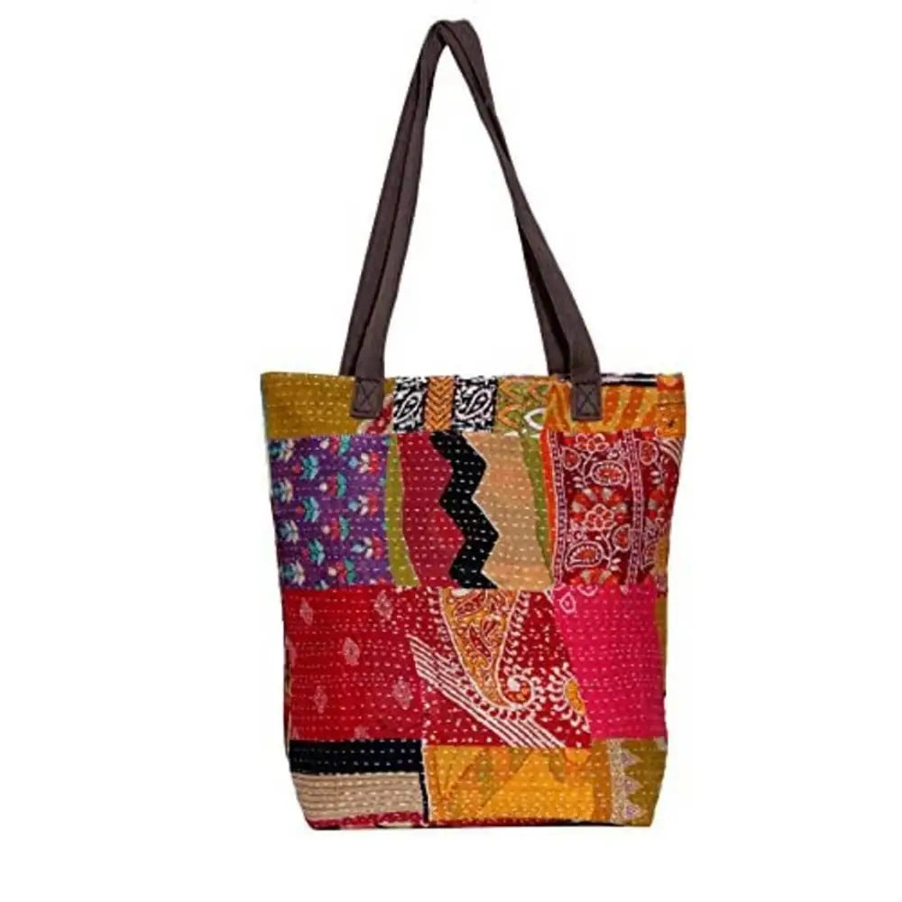 Indiweavaes Womens Cotton Kantha Work Canvas Handle Handmade Tote Bag