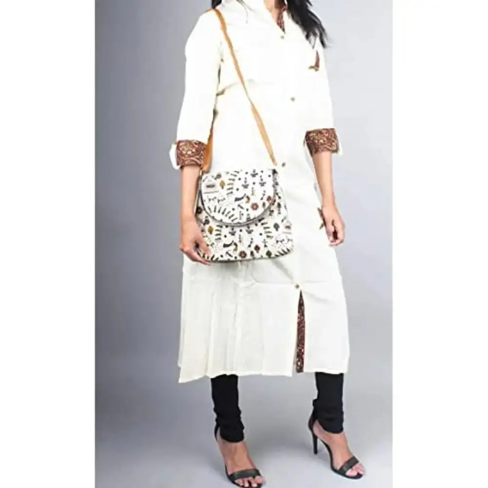 Printed Handicraft Fabric Crossbody Sling bag for Women Casual Party Bag (Cream)