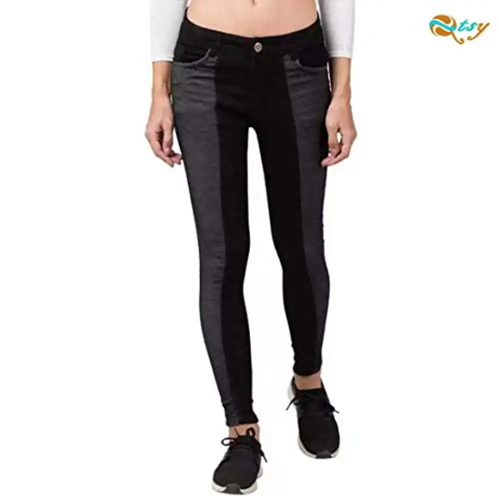 Qtsy Women's Slim Fit Jeans Washed Dual Tone Color Denim - D2 Black_30