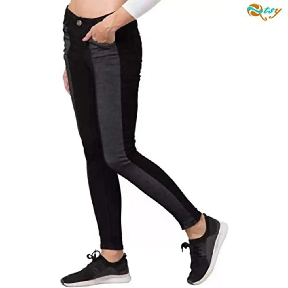 Qtsy Women's Slim Fit Jeans Washed Dual Tone Color Denim - D2 Black_30