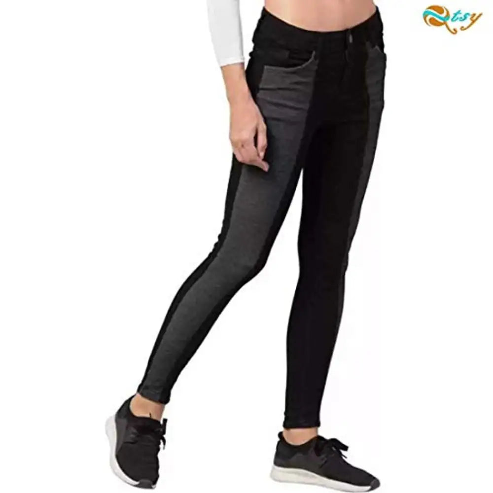 Qtsy Women's Slim Fit Jeans Washed Dual Tone Color Denim - D2 Black_30