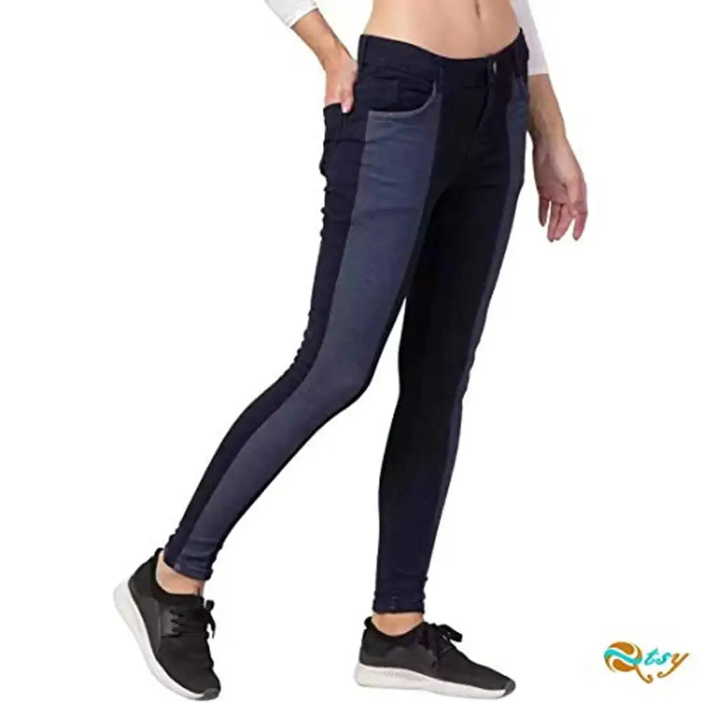 Qtsy Women's Slim Fit Jeans Washed Dual Tone Color Denim - D2 Blue_30