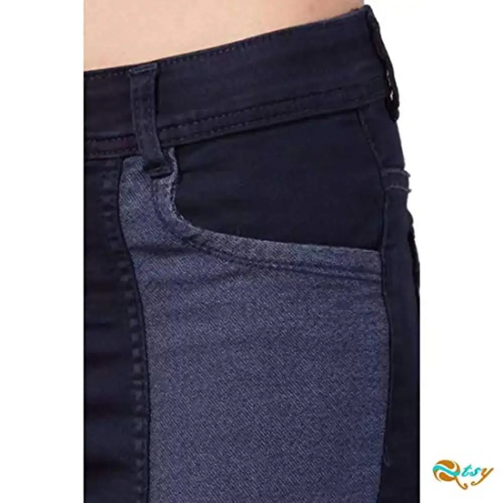 Qtsy Women's Slim Fit Jeans Washed Dual Tone Color Denim - D2 Blue_30
