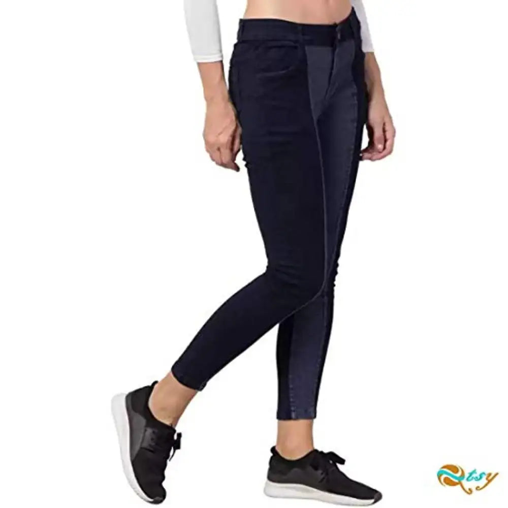 Qtsy Women's Slim Fit Jeans Washed Dual Tone Color Denim
