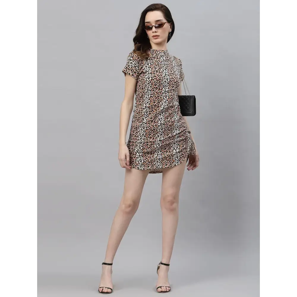 Rigo Women Animal Print Short Sleeve Drawstring Bodycon Dress      