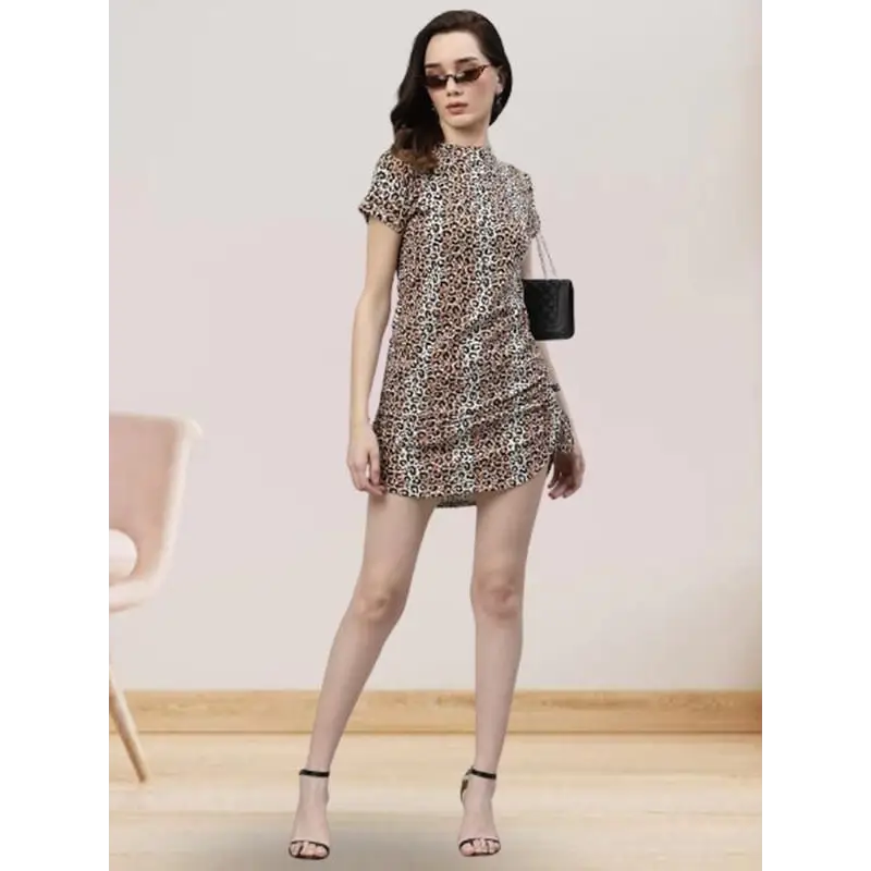 Rigo Women Animal Print Short Sleeve Drawstring Bodycon Dress      