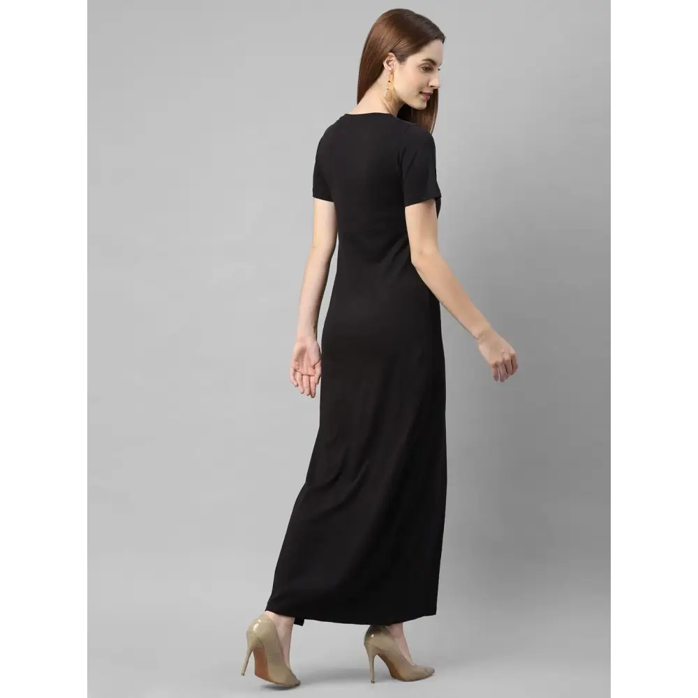 Rigo Women Black Half Sleeve V- Neck Cotton Maxi Dress