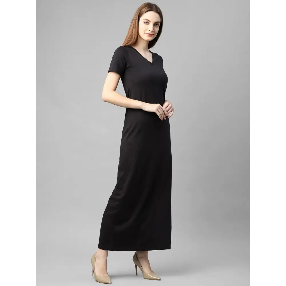 Rigo Women Black Half Sleeve V- Neck Cotton Maxi Dress