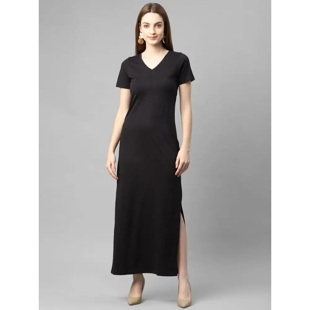 Rigo Women Black Half Sleeve V- Neck Cotton Maxi Dress - L