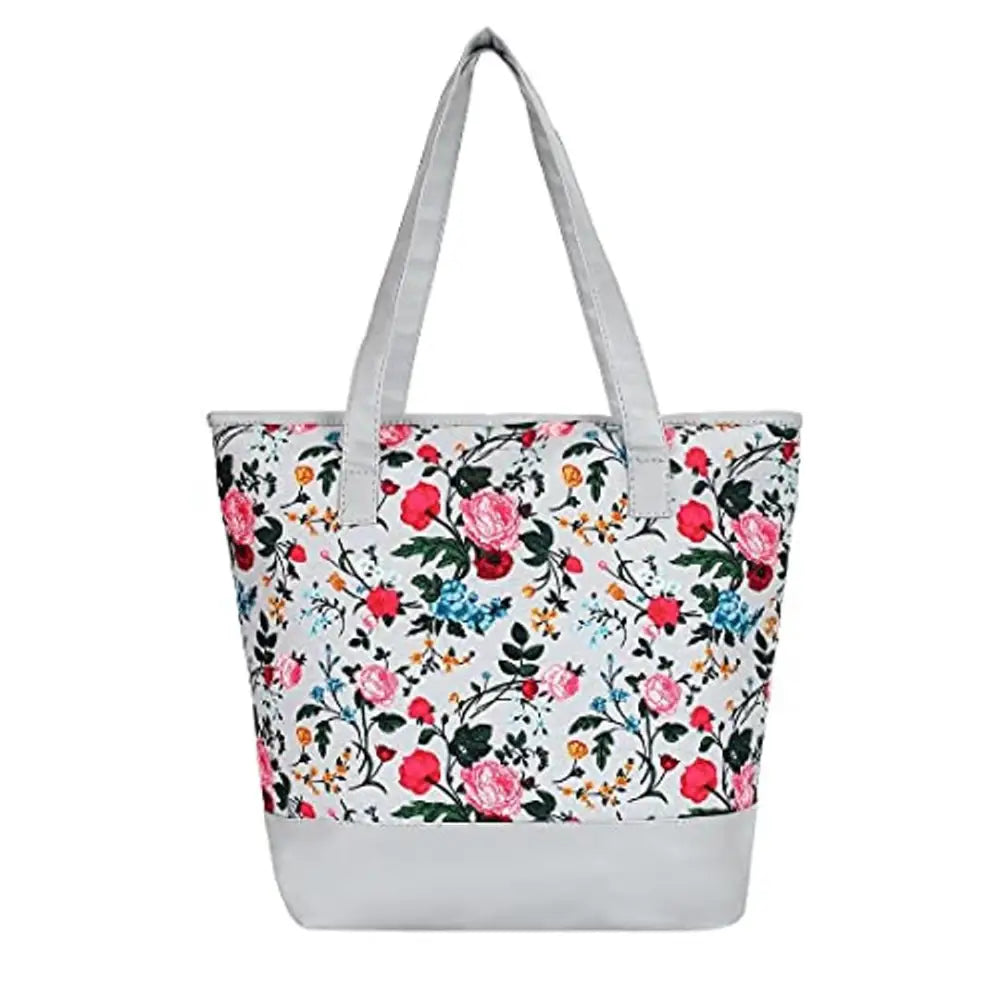 Sakwoods Women Canvas Floral Printed Grey Tote Bag