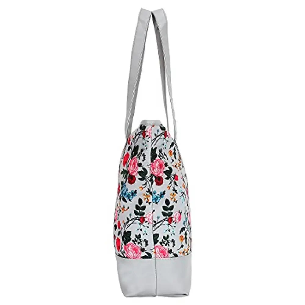 Sakwoods Women Canvas Floral Printed Grey Tote Bag